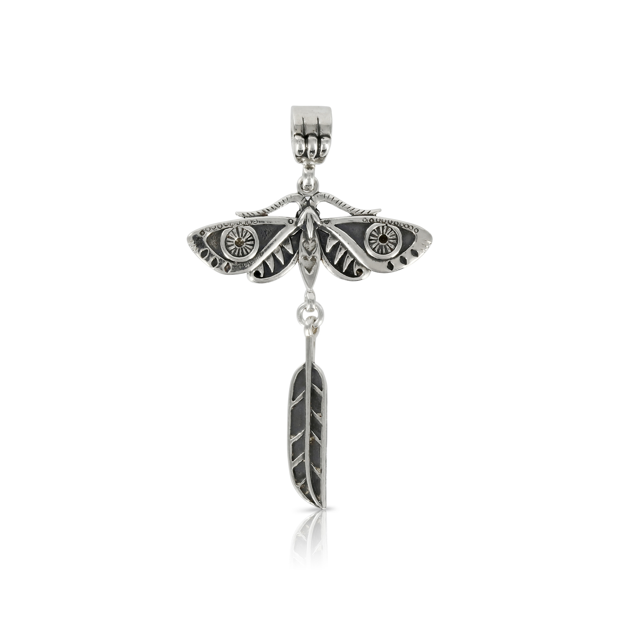 Silver Moth with Feather Pendant by Prey Jewellery