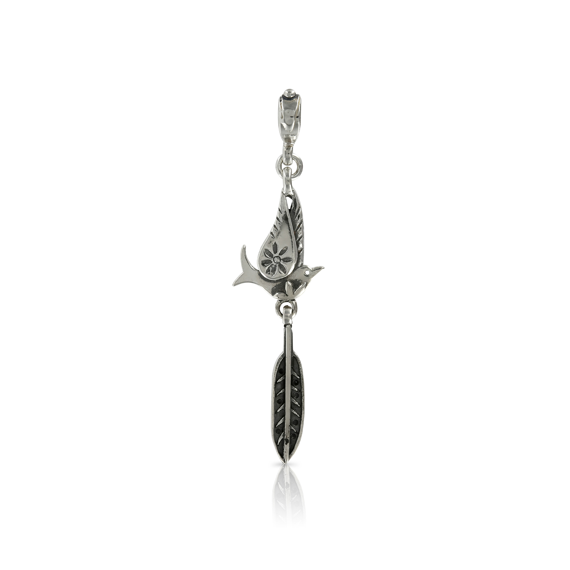 Small Silver Bird with Feather Pendant by Prey Jewellery