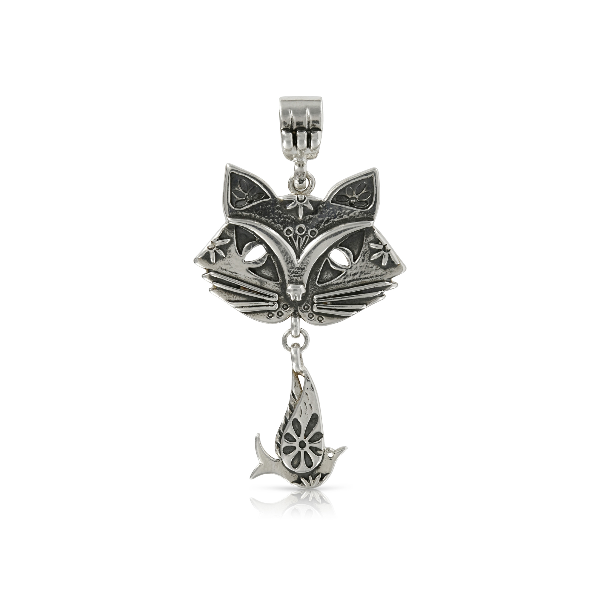 Silver Cat with Bird Pendant by Prey Jewellery