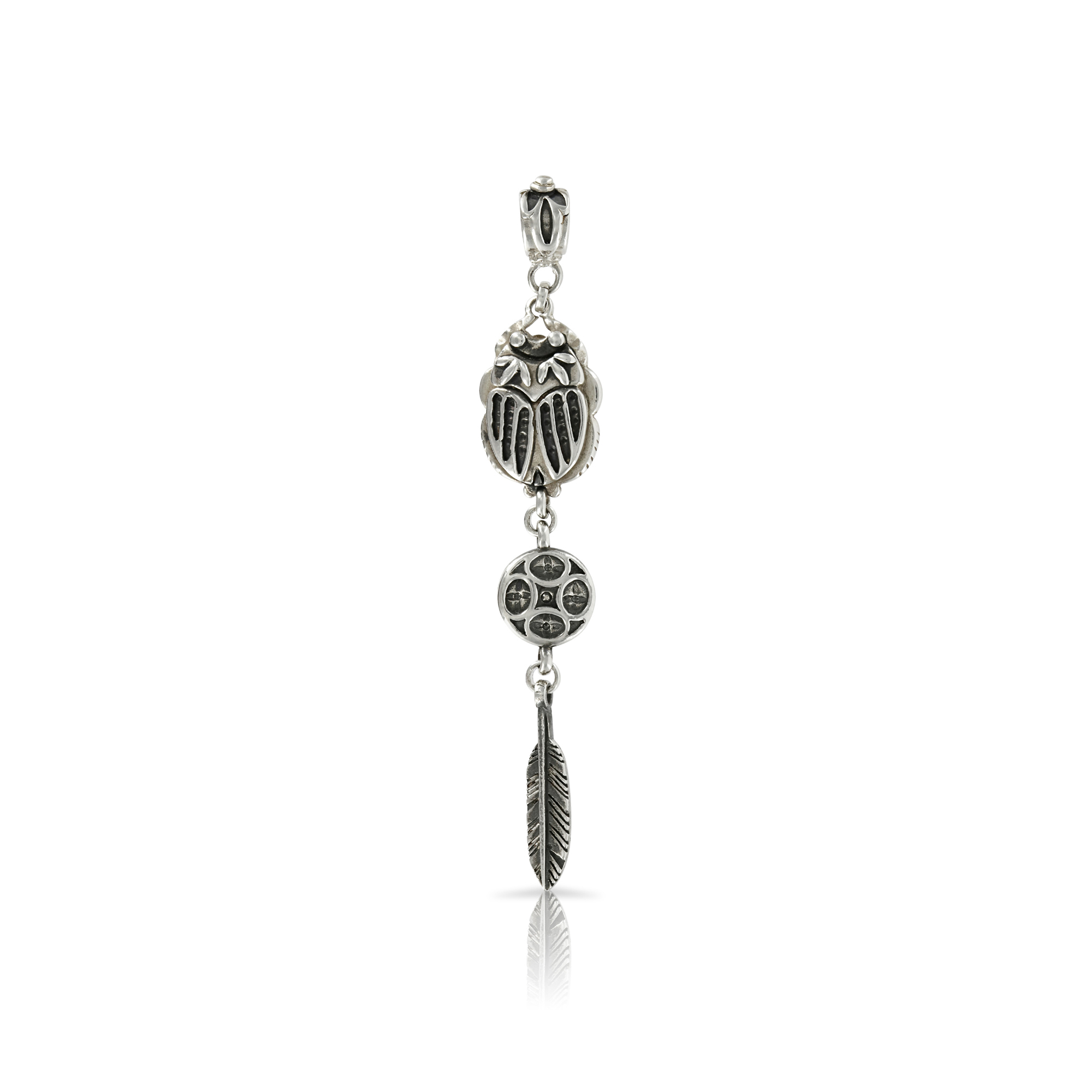 Silver Scarab Bead and Feather Pendant by Prey Jewellery