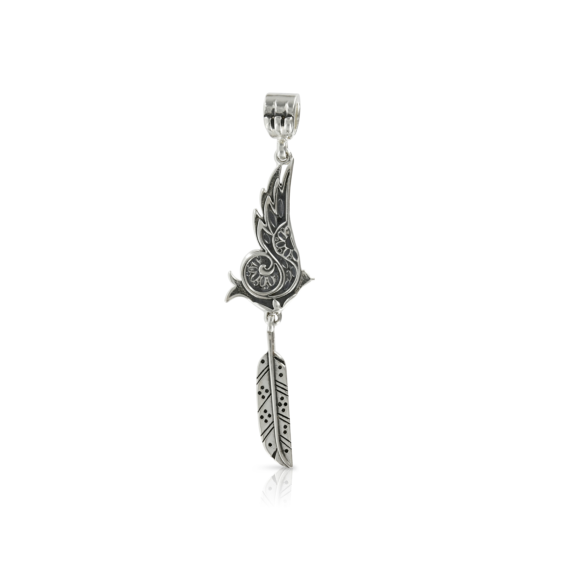 Silver Bird with Feather Pendant by Prey Jewellery