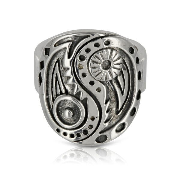 Based on the ancient Chinese symbol for balance, this beautifully balanced design includes delicate eye detail that could have the added benefit of warding off evil.