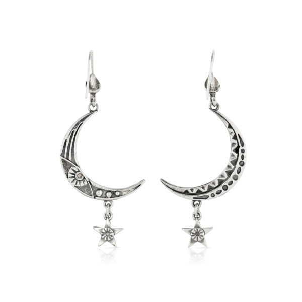 Silver  Large Moon and Star Drop Earrings - Image 2