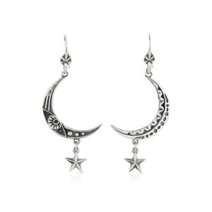 Silver  Large Moon and Star Drop Earrings