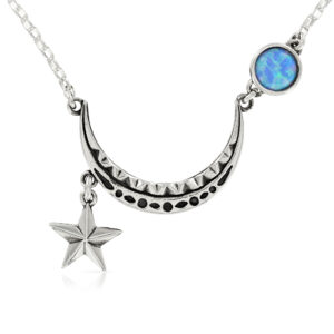 Silver Moon with Opal and Star Necklace