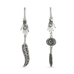 Hand and feather asymmetric drop earrings