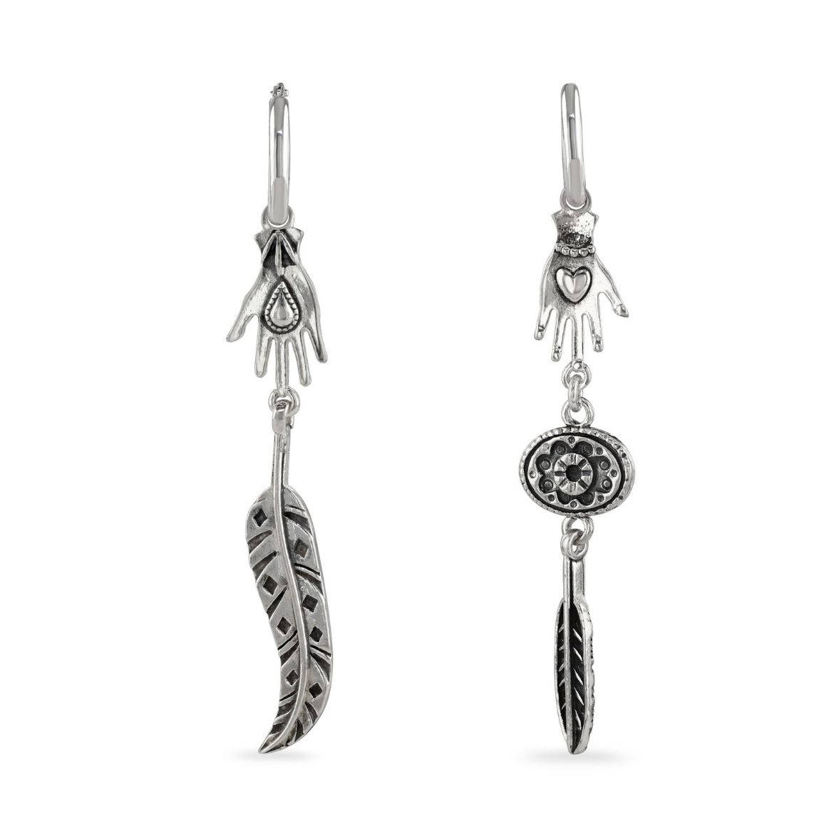 Hand and feather asymmetric drop earrings