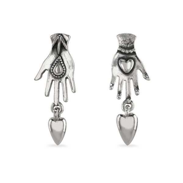 Hand stud earring with heart drop