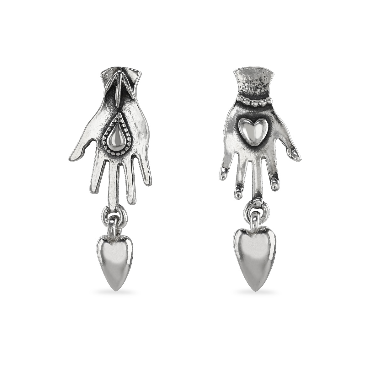 Hand stud earring with heart drop
