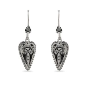 Simple face on pack shot mayfly heart drop earring
