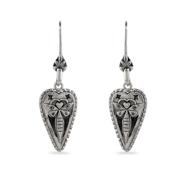 Simple face on pack shot mayfly heart drop earring
