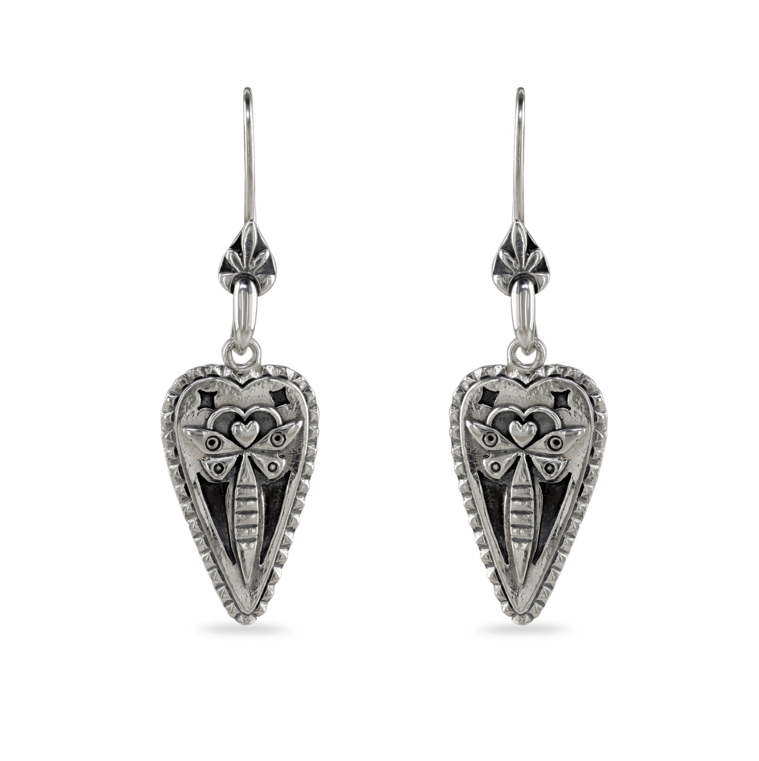 Simple face on pack shot mayfly heart drop earring